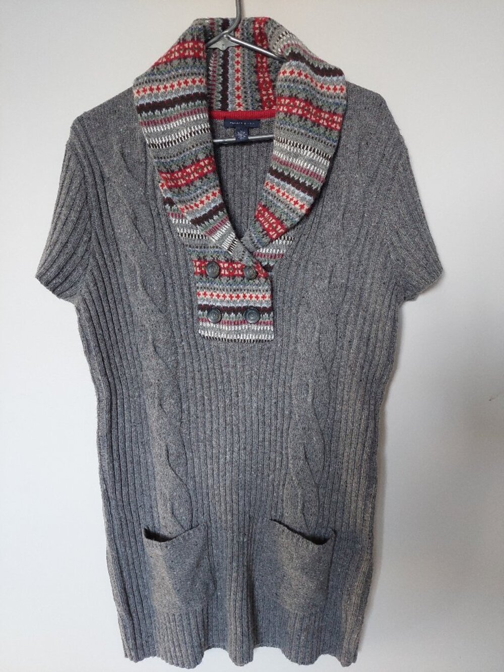 Tommy Hilfiger Sz XL Gray Tunic Sweater Dress Wool Blend Shawl Collar Pockets